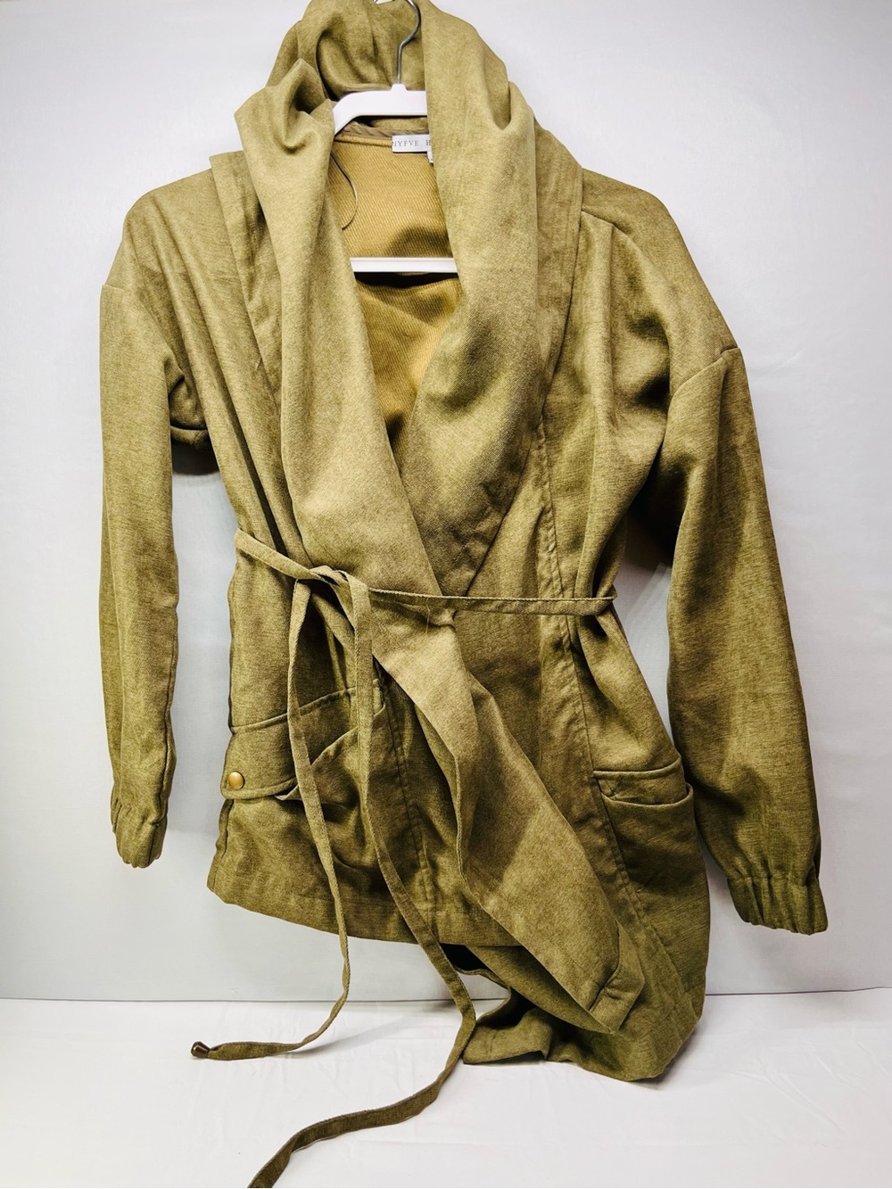 HYFVE Olive Green Shawl Collar Wrap Trench Coat
